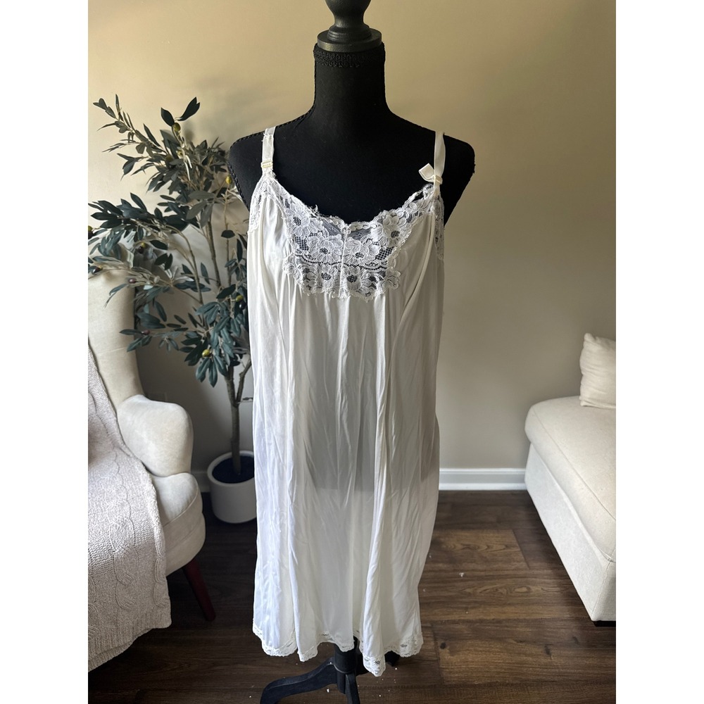 Vintage ILGWU White Lace Trim Full Slip Nightgown Midi Length Adjustable Straps
